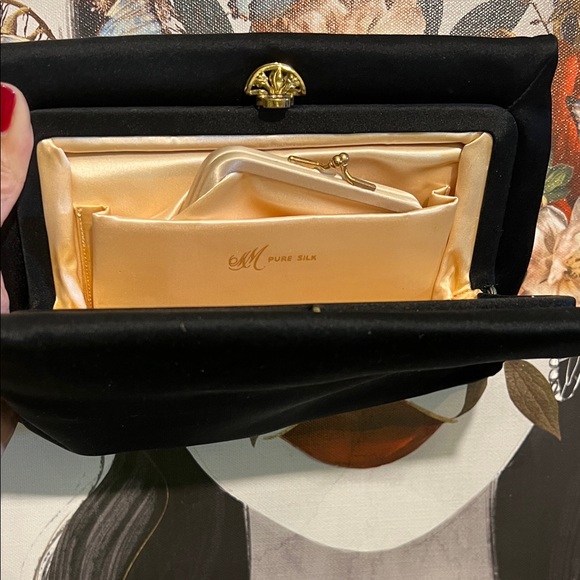 Vintage Art Deco Pure Silk Black Luxury Evening Clutch with Gold Fan Clasp 1950s